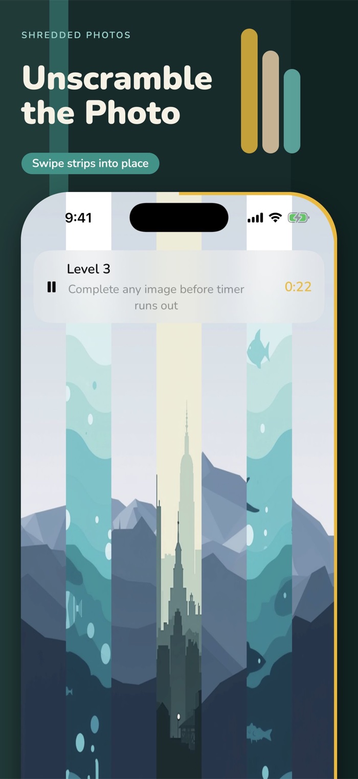PixPuzz Shredded Photos gameplay with shuffled vertical photo strips