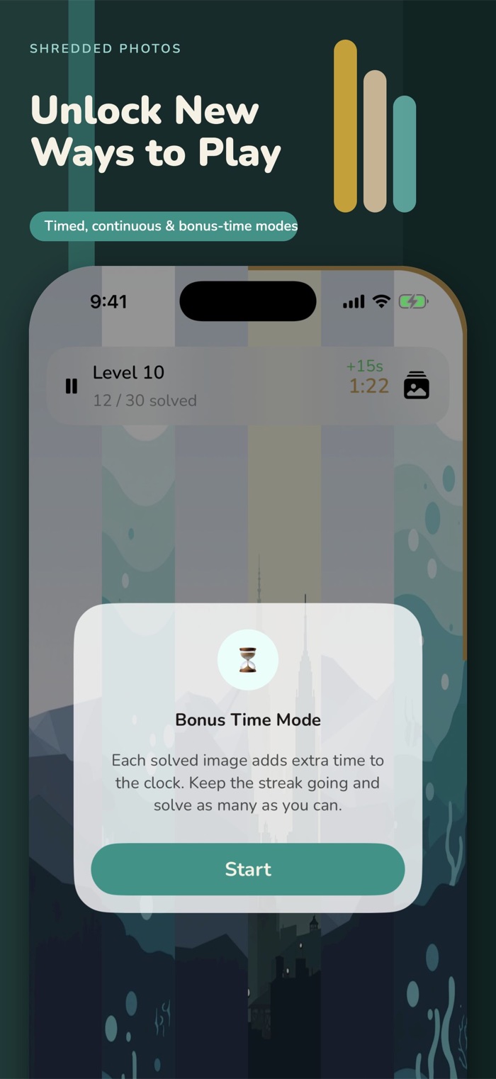 PixPuzz mode selection showing timed, continuous, and bonus-time play