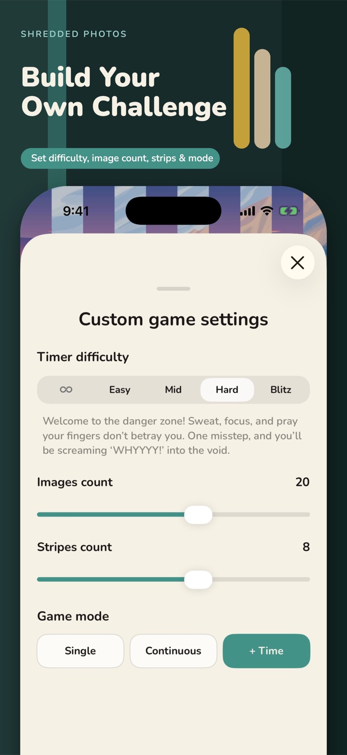 PixPuzz custom challenge settings for difficulty, images, strips, and mode