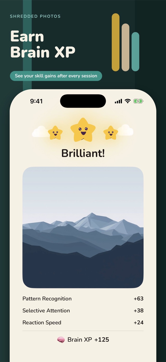 PixPuzz result screen showing Brain XP earned after a session